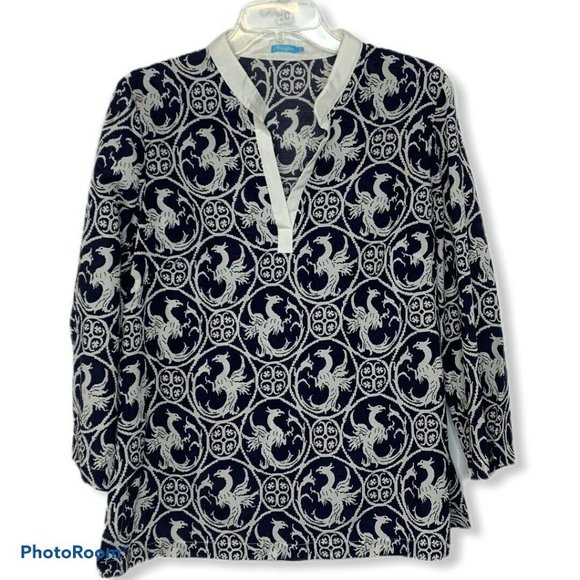 J. McLaughlin Tops - J Mclaughlin Blue Dragon Bird Print Silk Blend Top